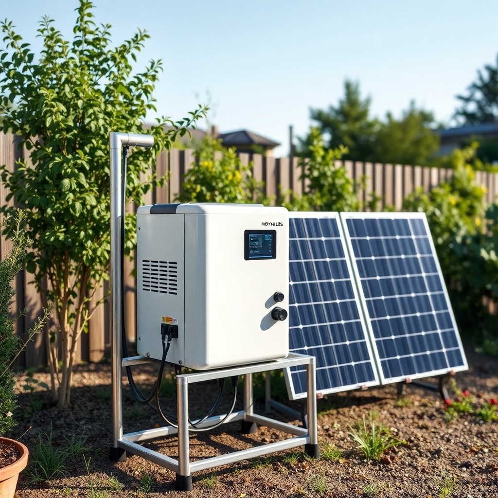 <clean photorealistic photo of a Hoymiles HM-1500 installed outdoors on a small metal rack