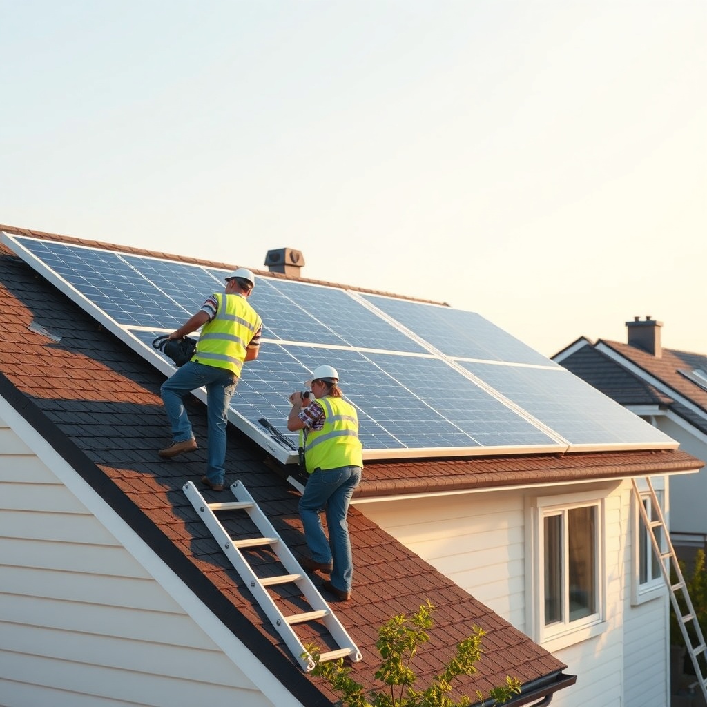 <clean photorealistic photo/illustration of a modern solar installation team on a resident