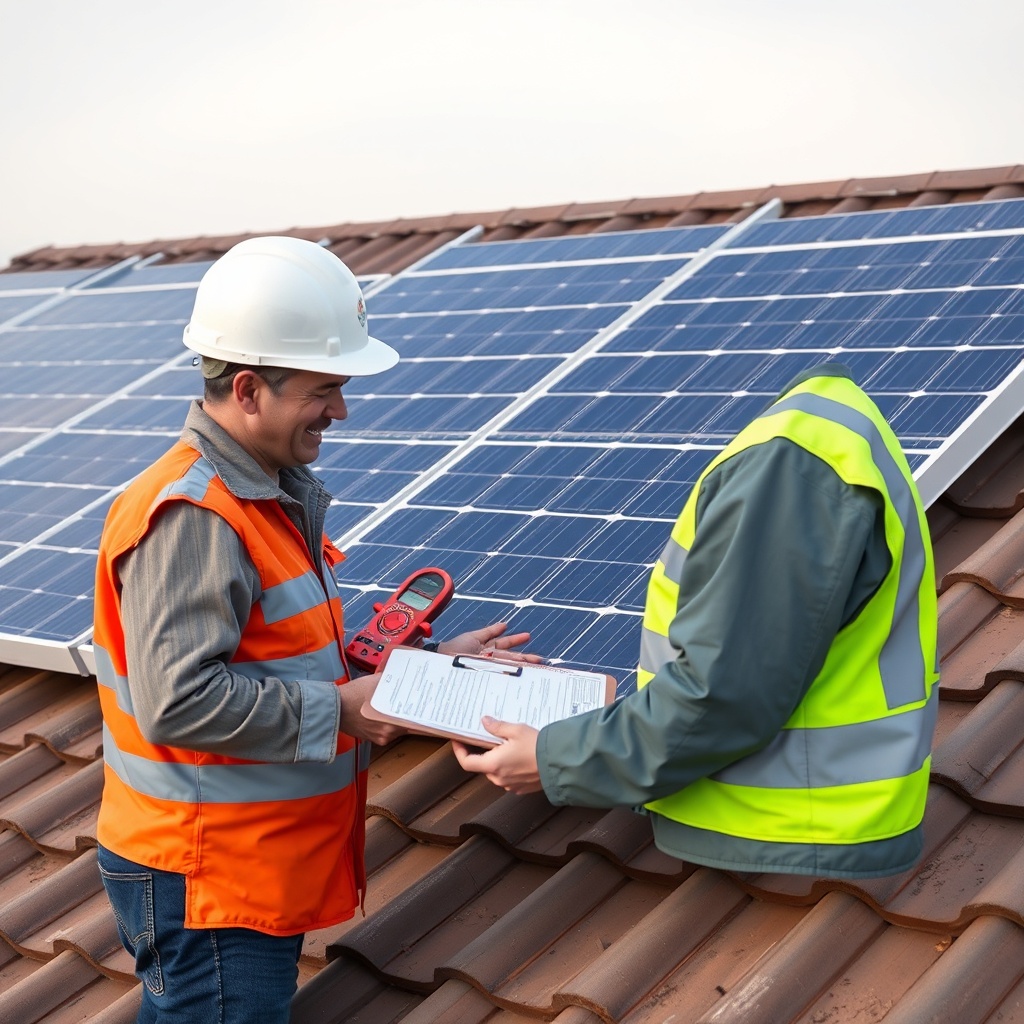 <clean photorealistic photo/illustration of a solar technician inspecting a Risen Energy R