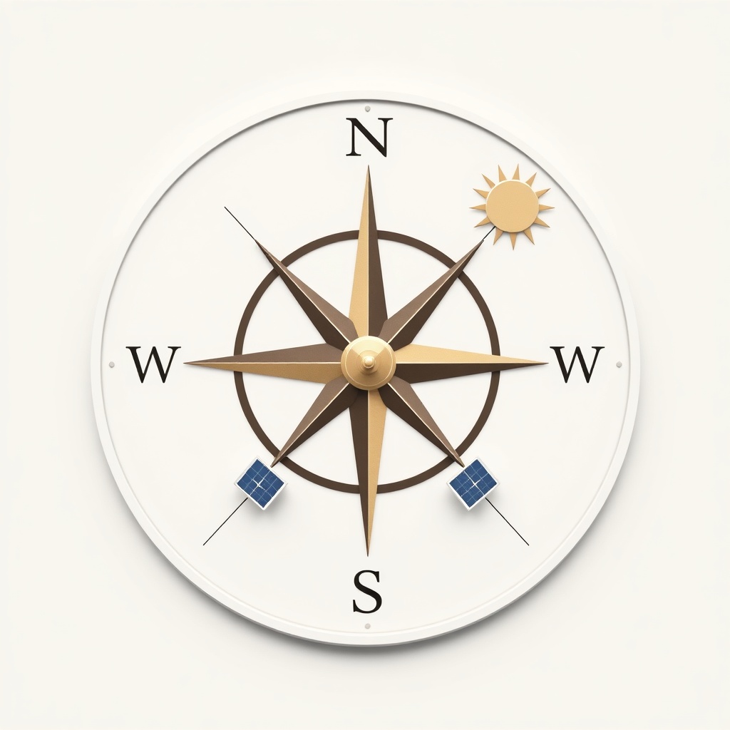 A simple photorealistic illustration of a compass rose with arrows showing South (180°)