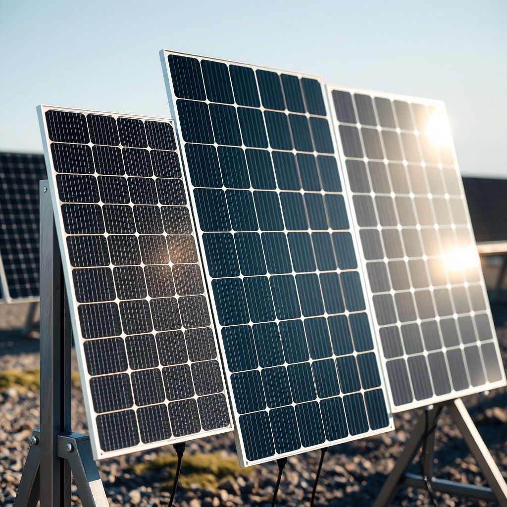 A photorealistic image of three different black solar panels mounted on a test rack