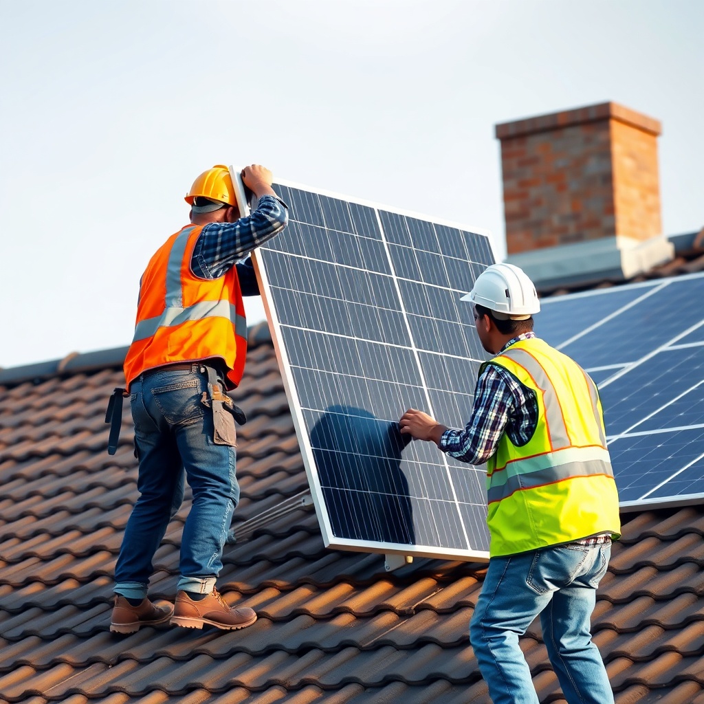 A photorealistic image of a solar panel being installed on a roof by two workers in safety