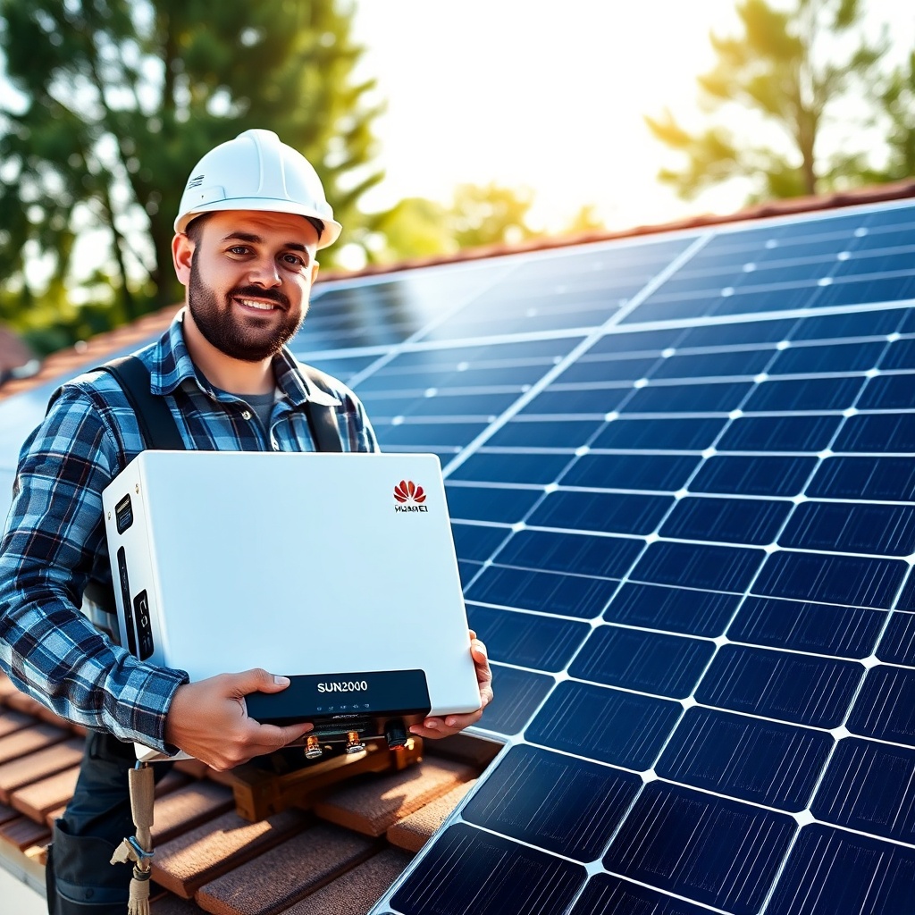 A clean shot of a solar installer holding a Huawei SUN2000 inverter next to a Risen Energy
