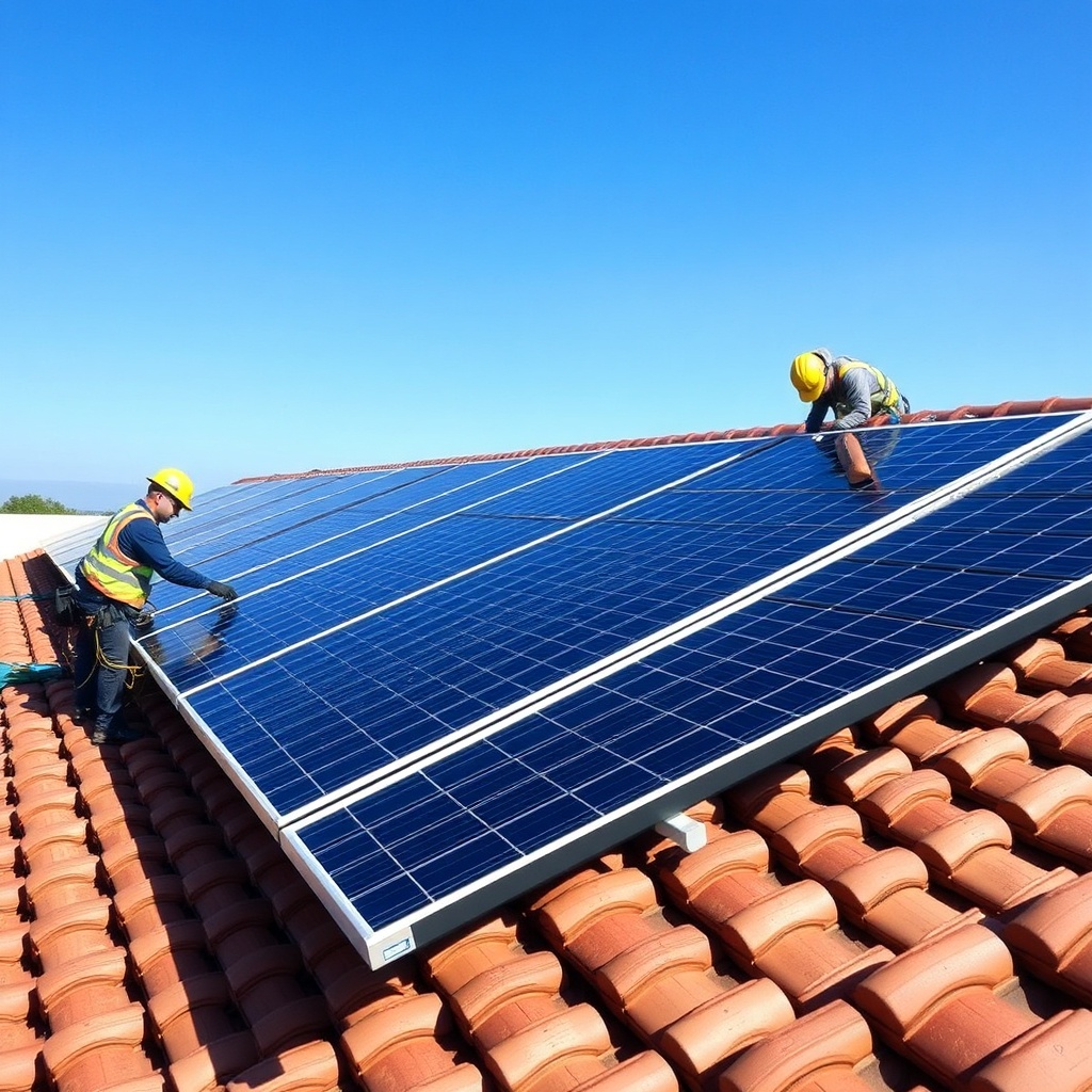 A realistic photo of a rooftop solar installation with multiple Risen Energy RSM110-8-400M