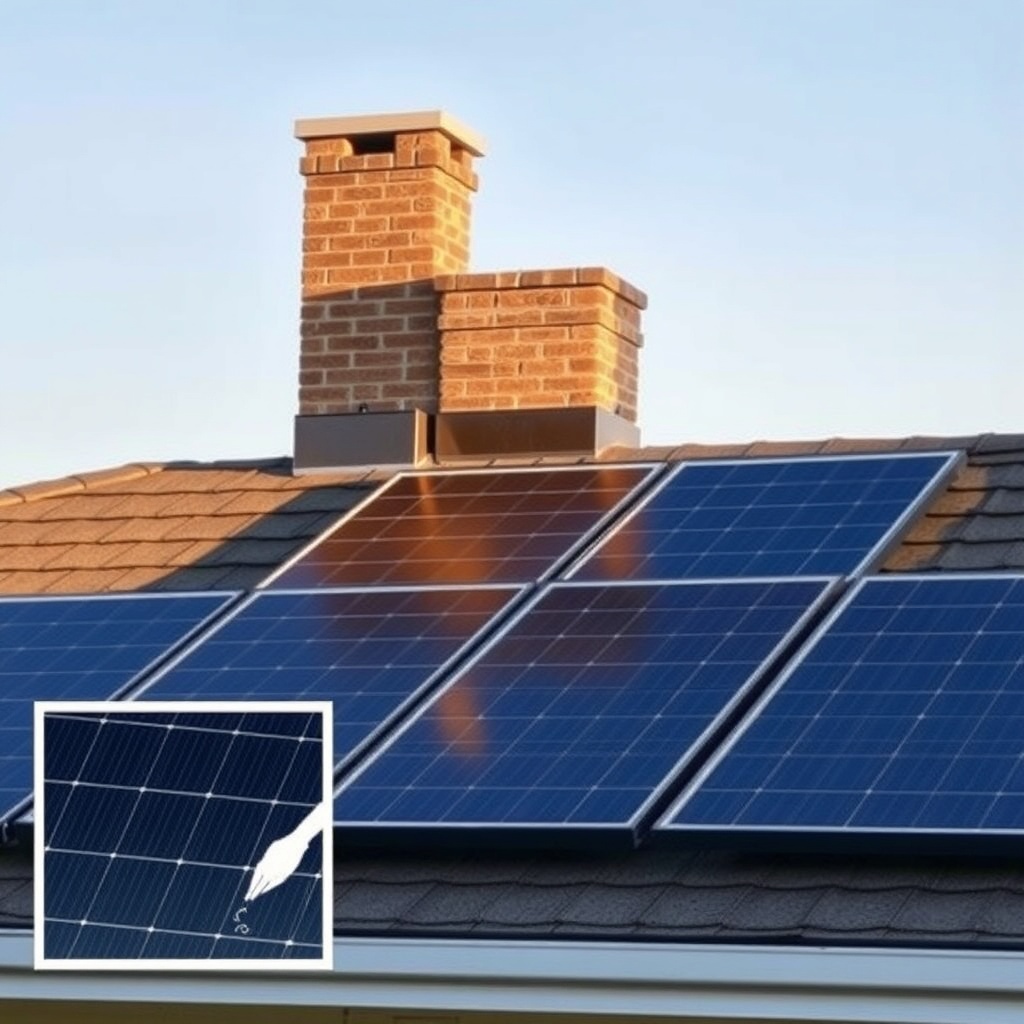 A photorealistic photo showing a residential rooftop with three solar modules partially sh