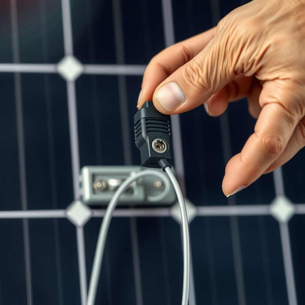 A photorealistic close-up photo of an electrical technician's hands connecting a black MC4