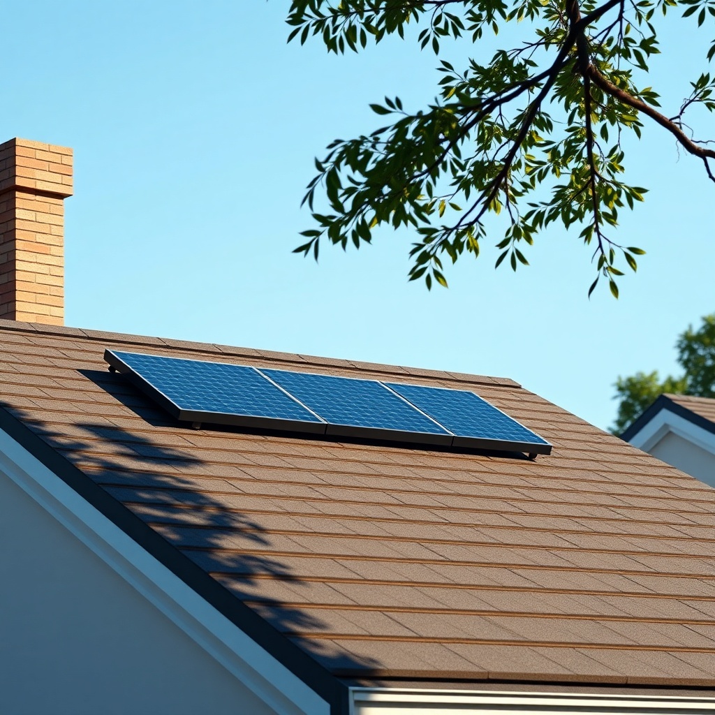 A photorealistic photo of a residential roof with the RSM110-8-400M modules partially shad