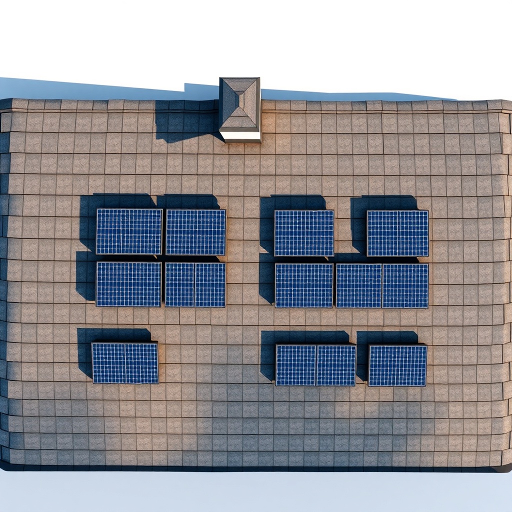 A photorealistic overhead drone view of a roof with RSM110-8-400M modules arranged in two