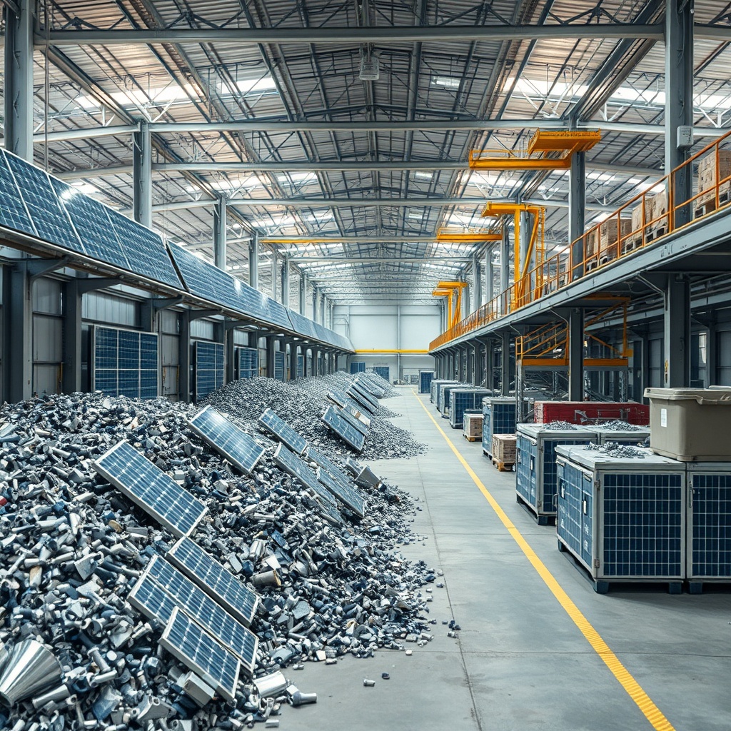 Hochwertiges Fotorealistisches Bild eines Recyclinghofs mit sortierten Solarmodulen und Me