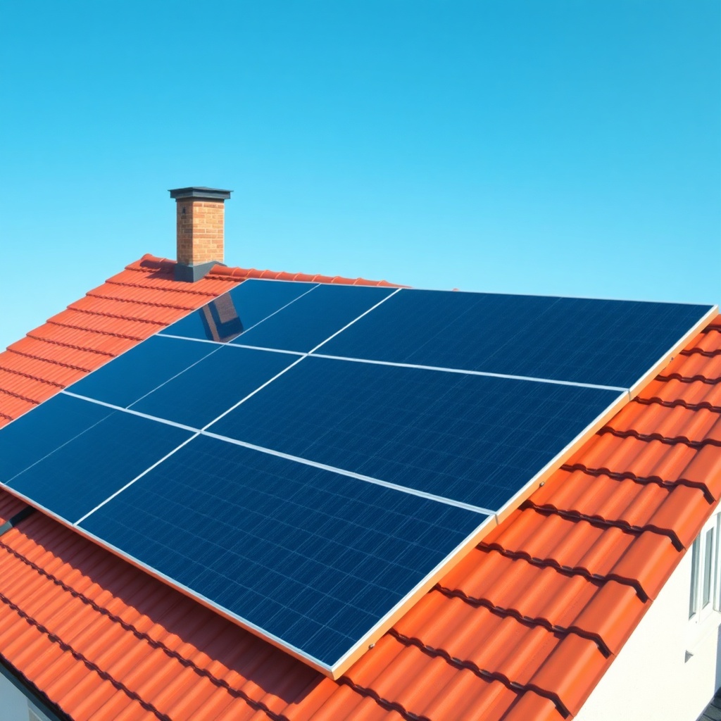 A photorealistic wide-angle shot of a neat rooftop solar array using Risen Energy RSM110-8