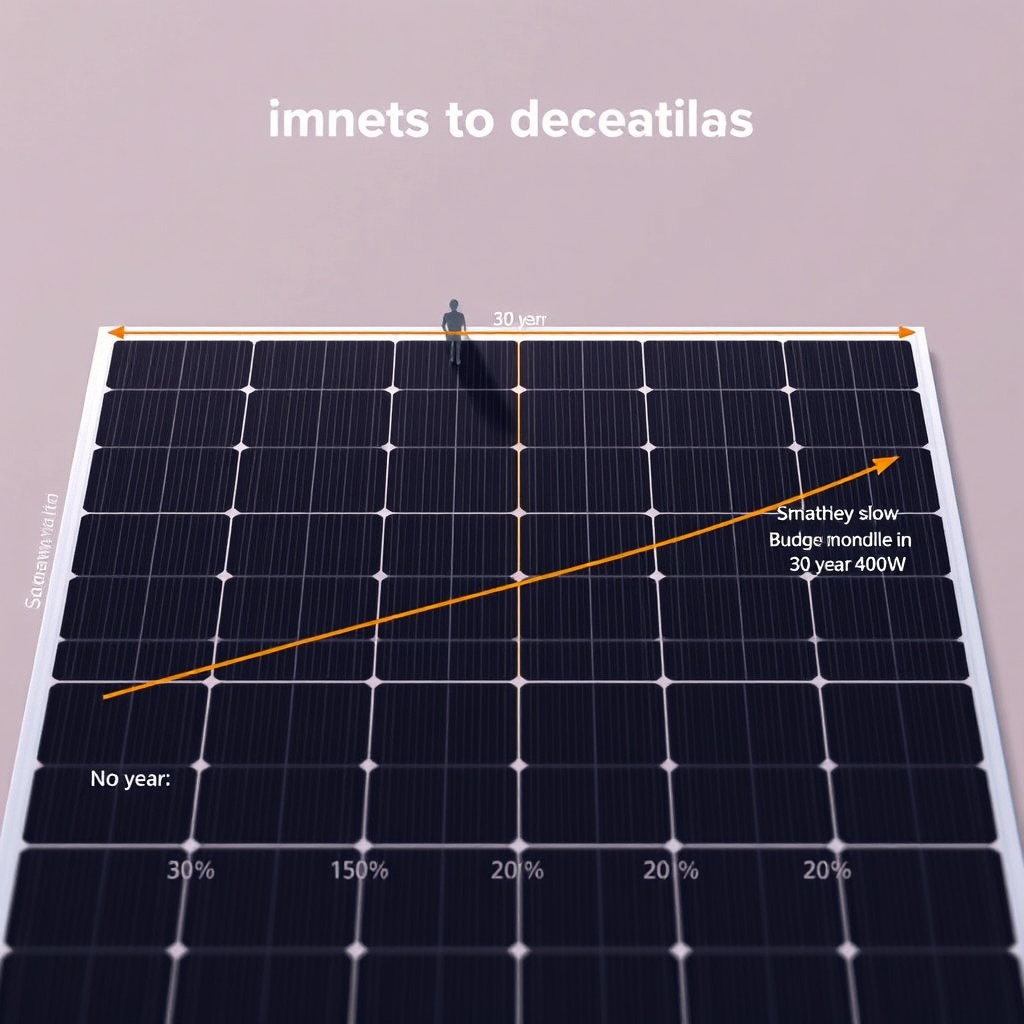 A photorealistic illustration of a solar panel degradation graph with two lines comparing