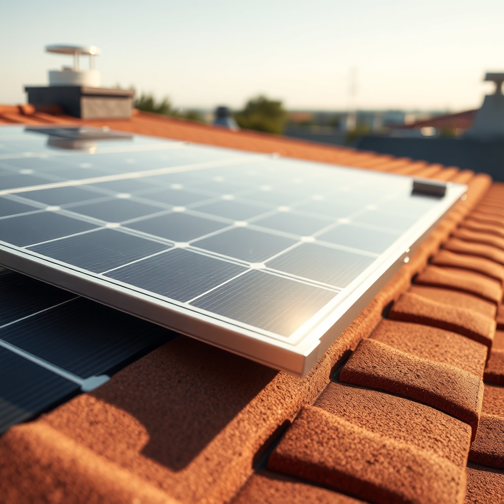 Photorealistic close-up of a Solarwatt Vision 400W glass-glass module on a rooftop