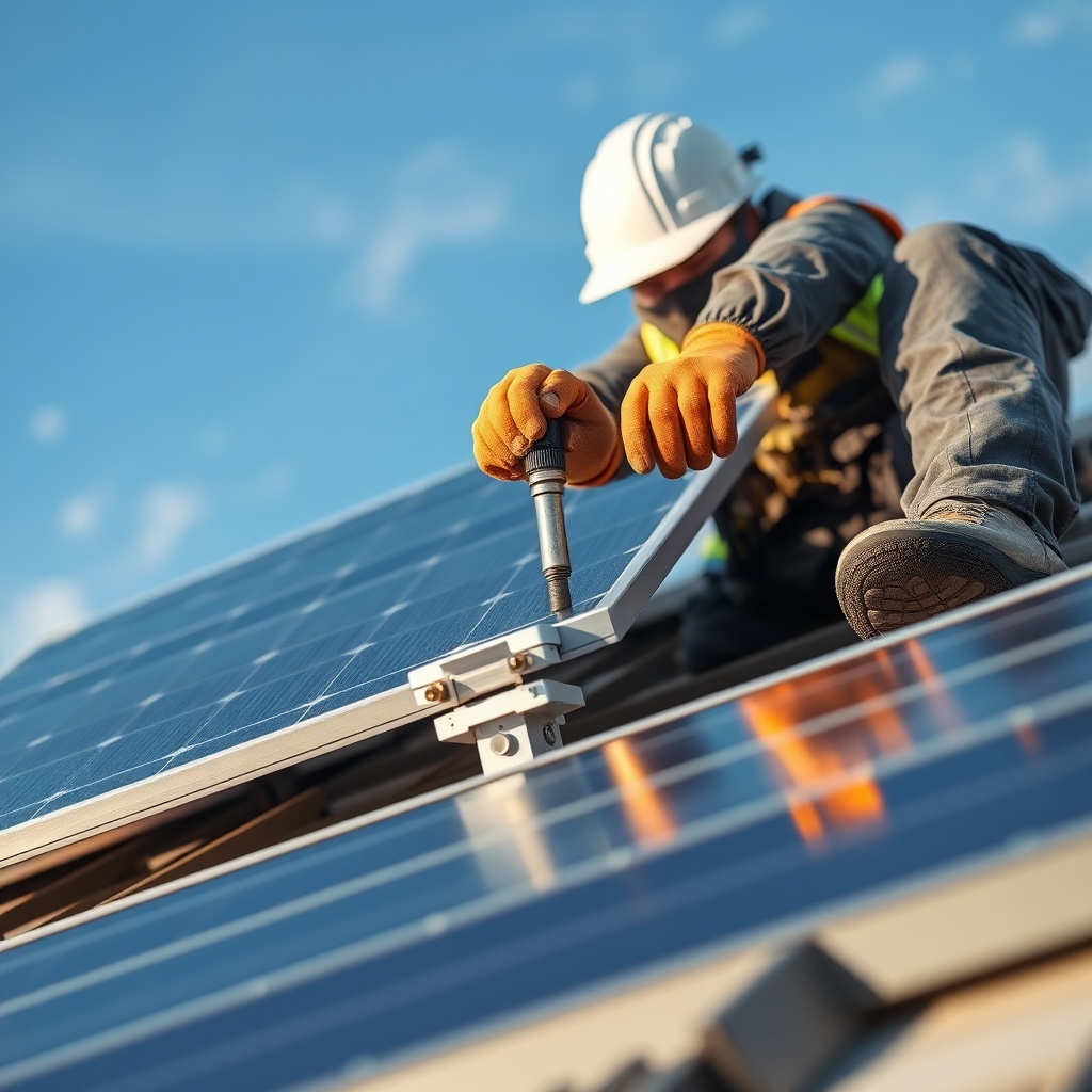 Photorealistic close-up of a rooftop installation with a Solarwatt Vision 400W module bein