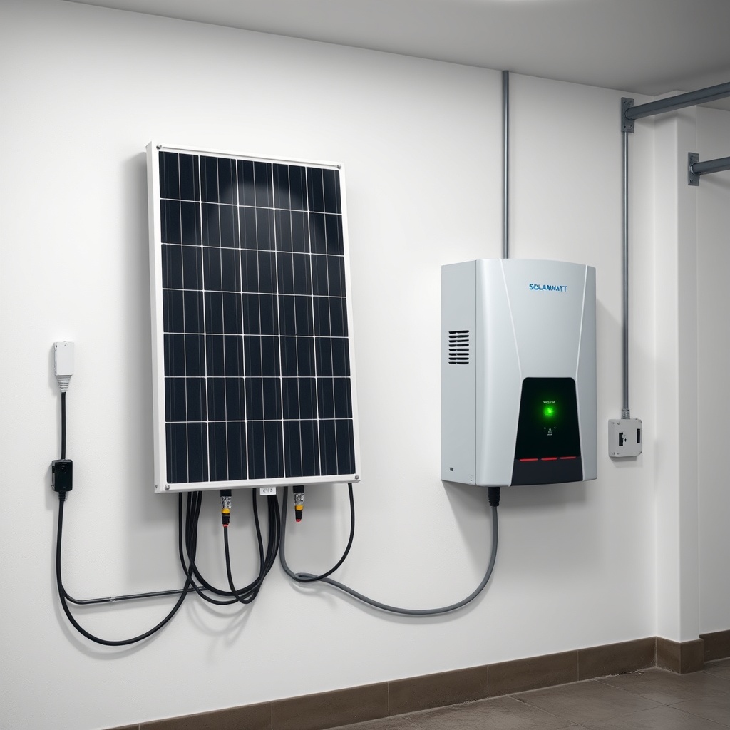 A clean photorealistic photo showing a Solarwatt Vision 400W module connected to a modern