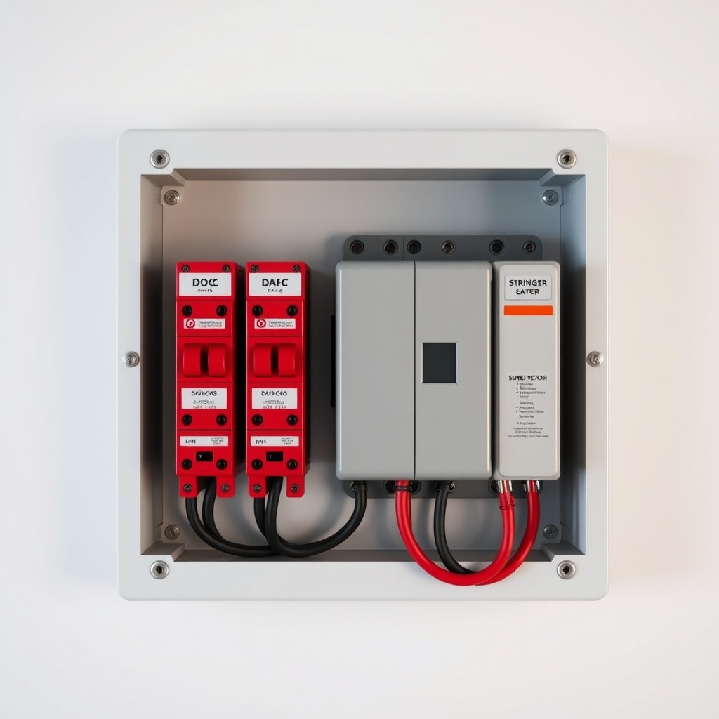 A clean photorealistic photo of a DC main distribution box mounted on a wall