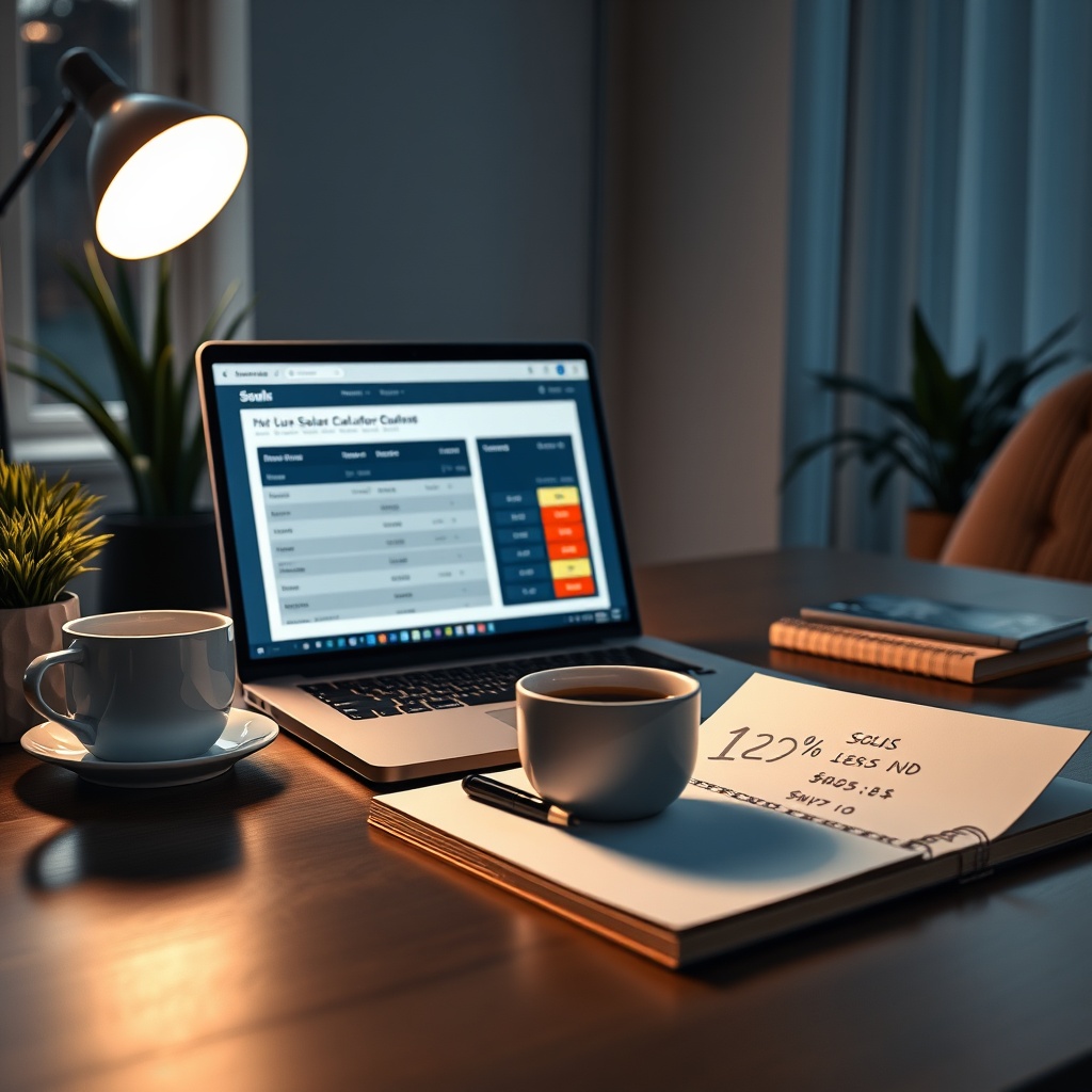 A realistic modern home office with a laptop showing a solar calculator tool