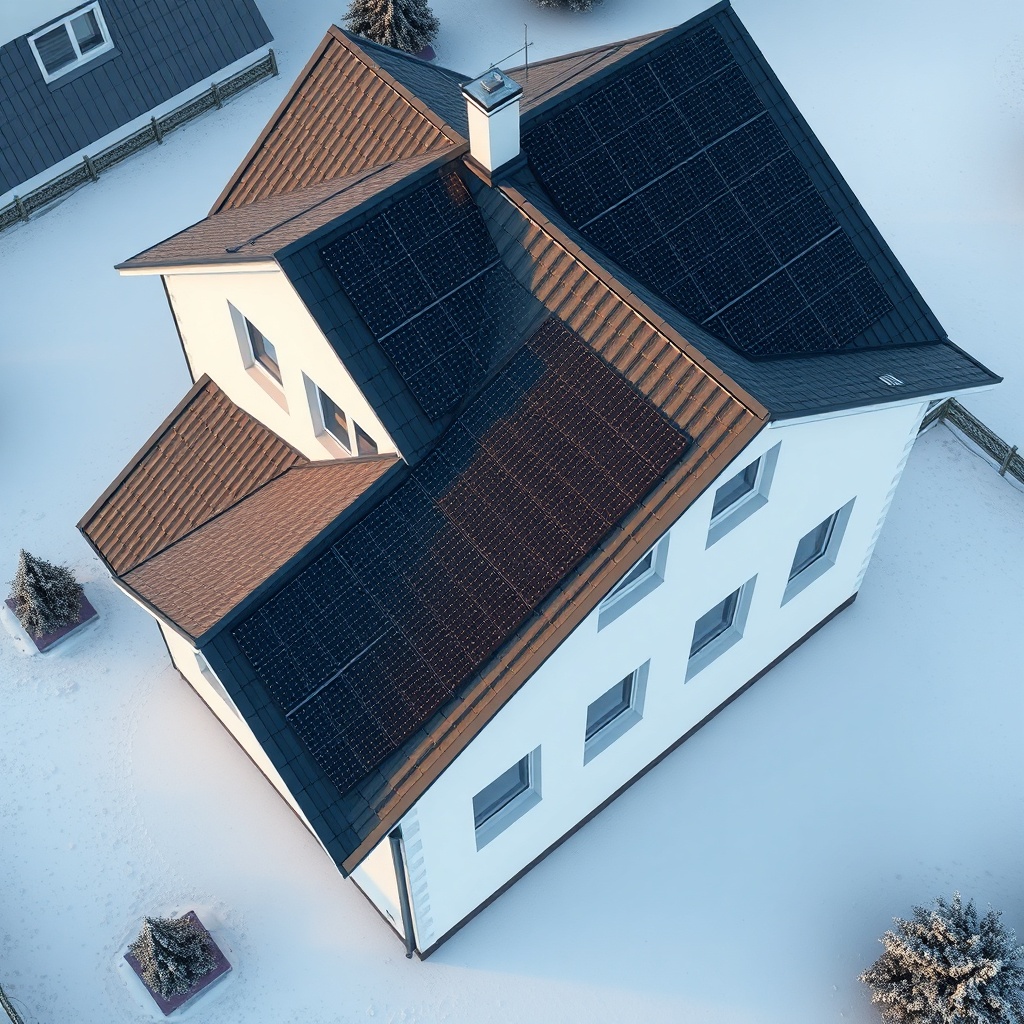 A realistic aerial view of a German residential house with a south-facing pitched roof cov