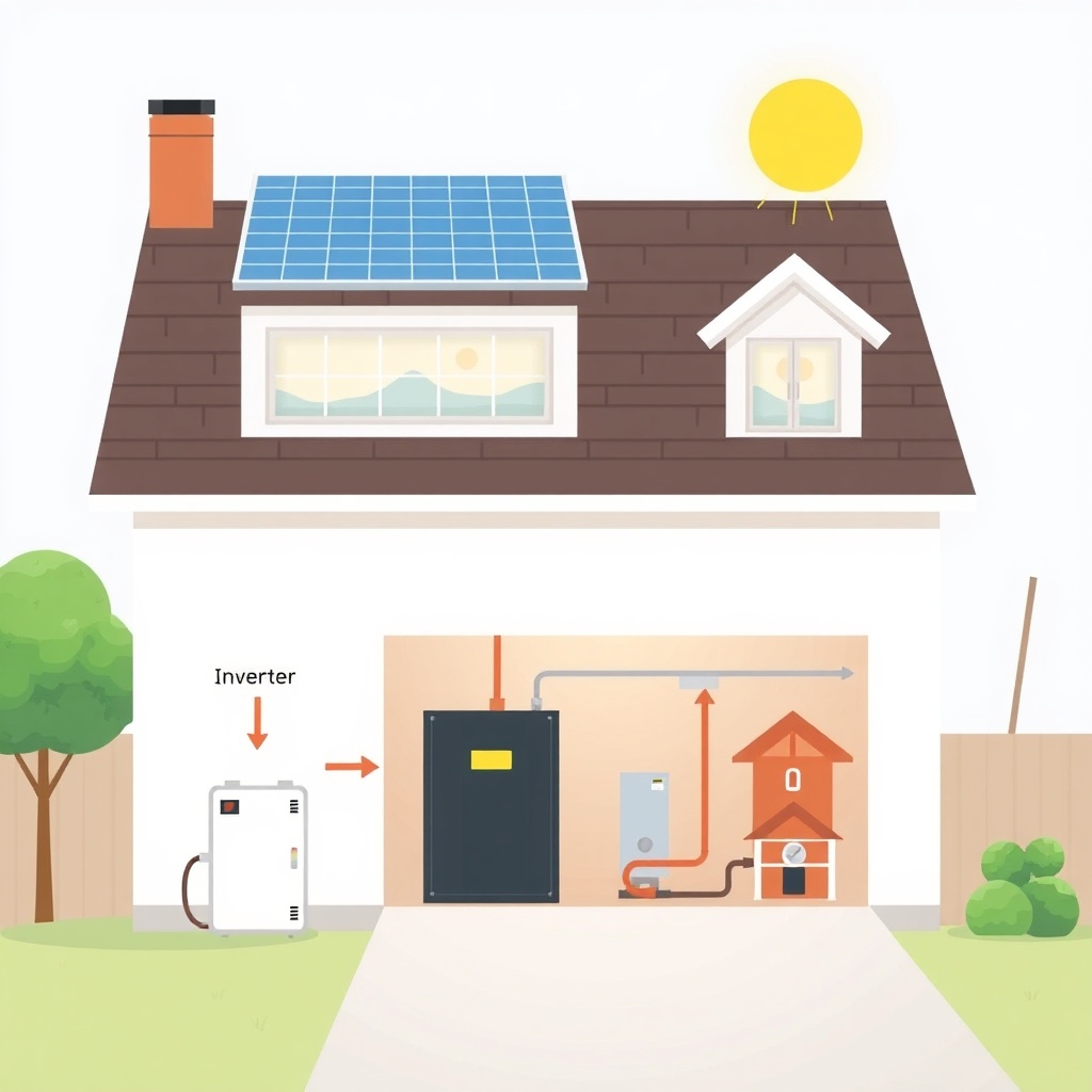 A clean illustration of a household energy flow diagram showing solar modules on the roof