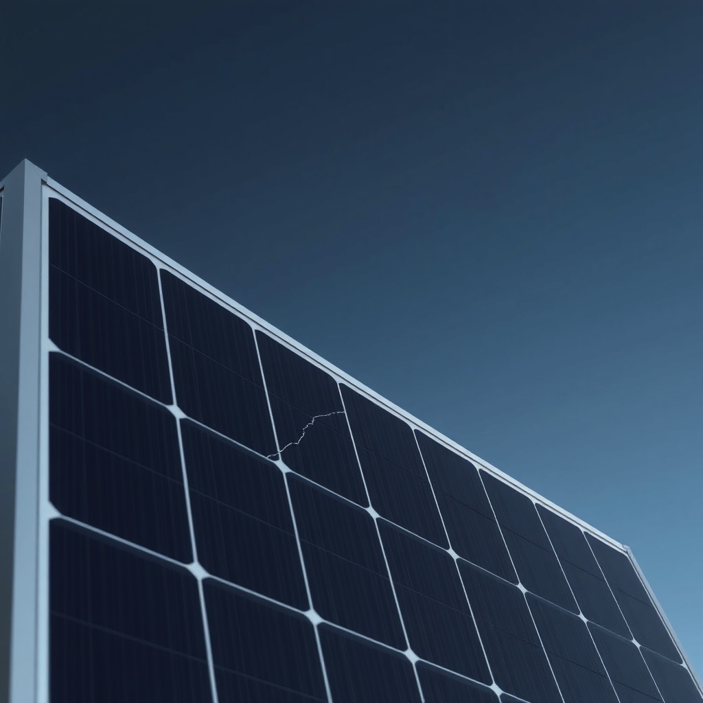 An editorial photorealistic image of a Solarwatt Vision 400W module under dark sky