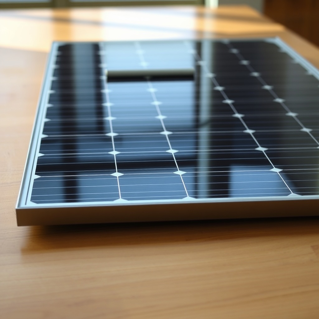A clean photorealistic side-view of a Solarwatt Vision 400W solar module lying on a wooden