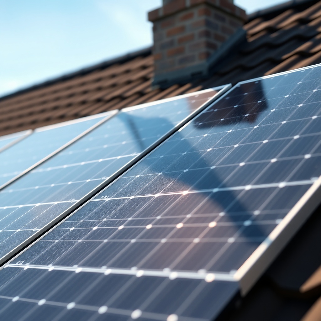 Photorealistic close-up of solar modules on a roof with one shadowed by a chimney