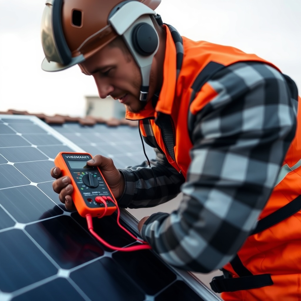 A medium-shot of a solar installer checking the voltage on a Viessmann Vitovolt 300-M modu