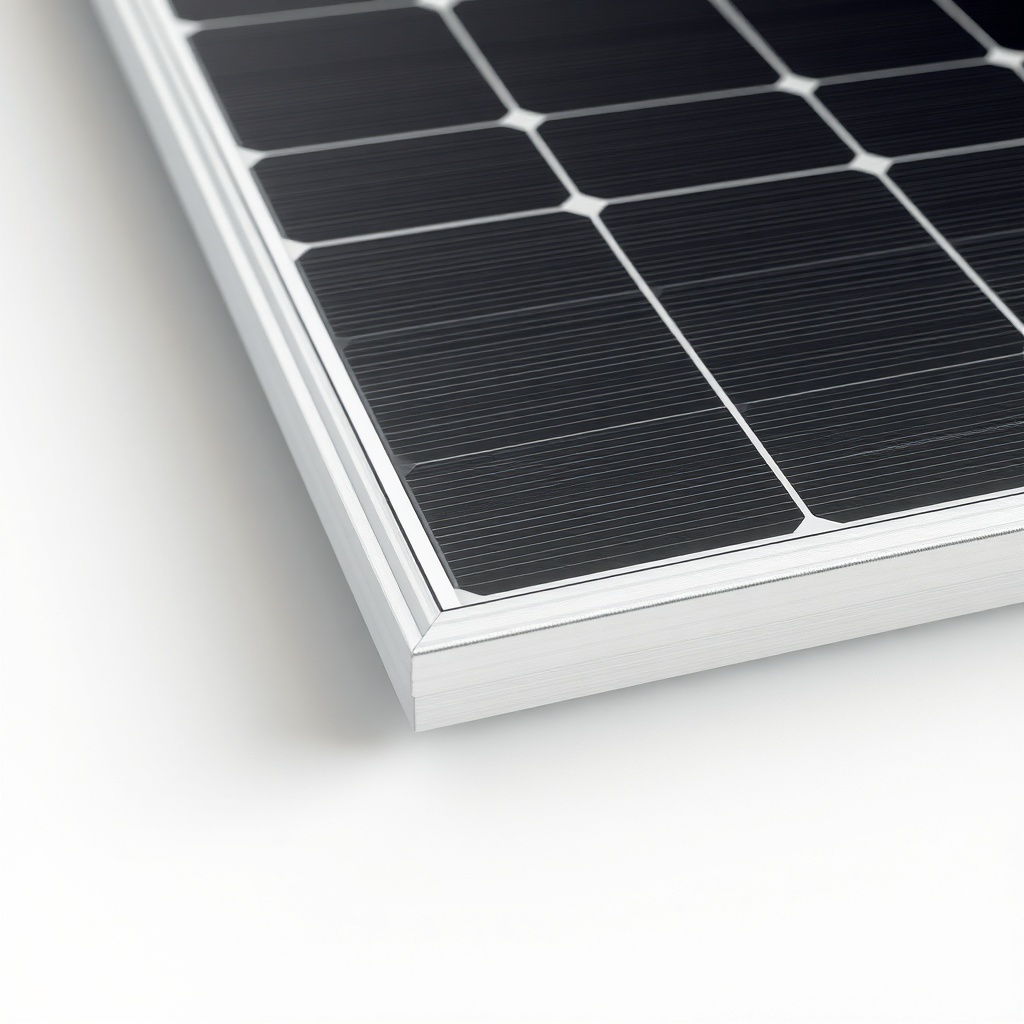 Close-up of a solar module edge showing heavy-duty aluminum frame and black backsheet with