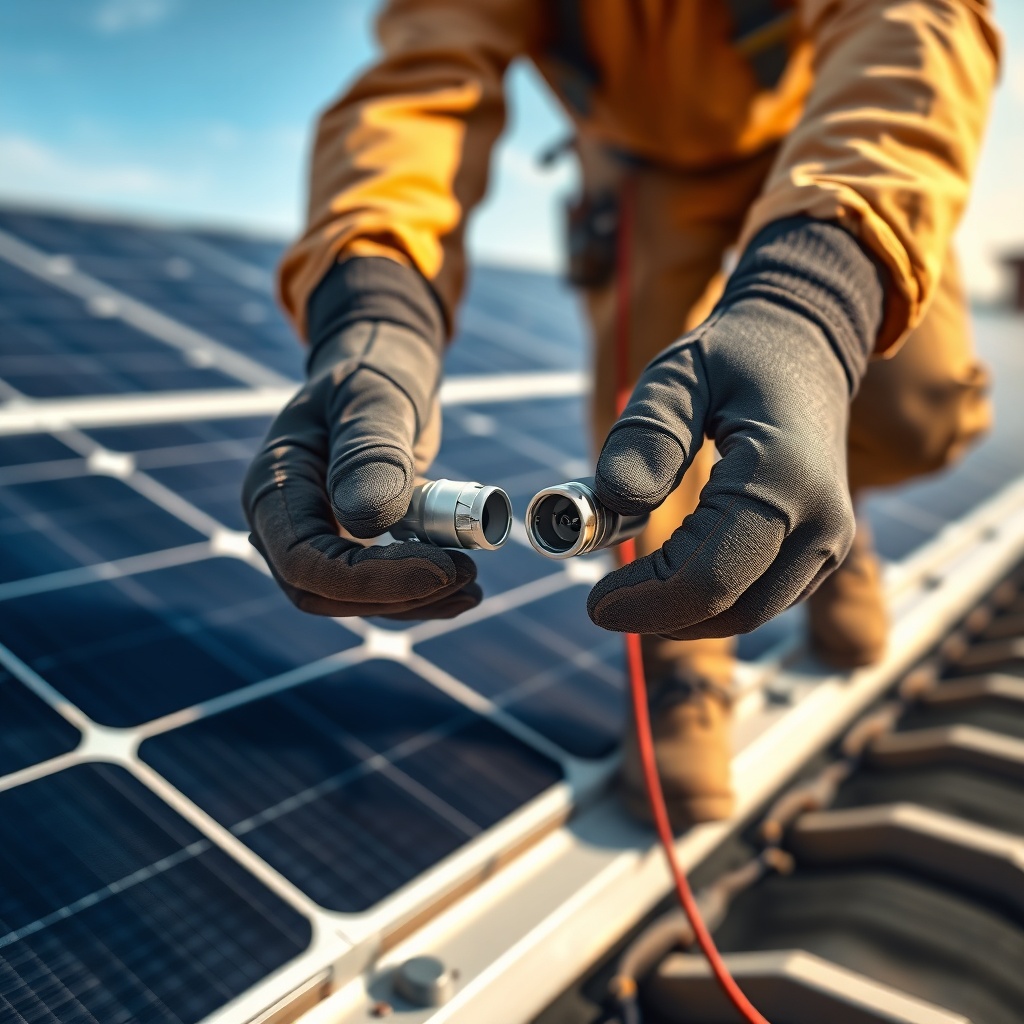 Photorealistic photo of an electrician connecting MC4 connectors on a rooftop