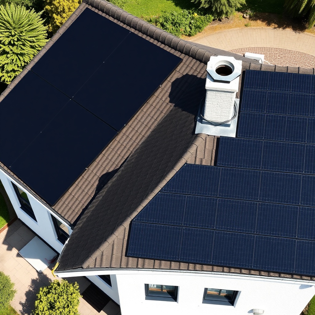 A clean aerial view of a German residential house with a south-facing roof partially cover