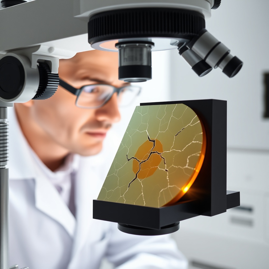 A semiconductor-grade microscope or a specialized Sun simulator setup showing a cross-sect