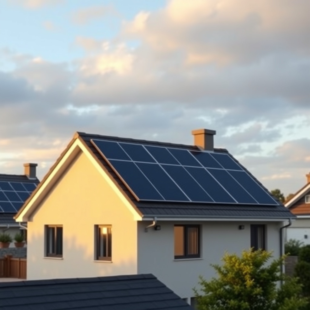 A modern residential house with dark blue solar panels on a tiled roof