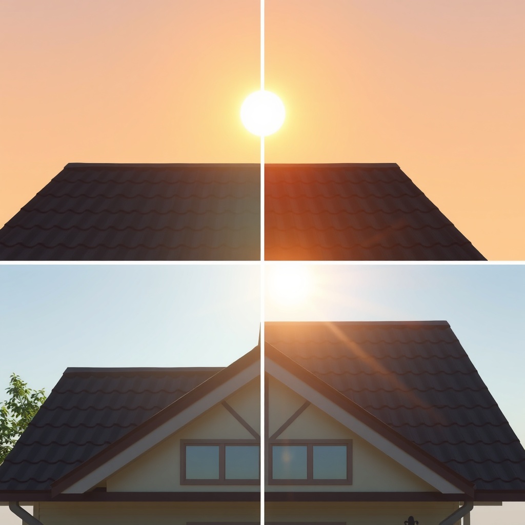A split-screen photorealistic illustration showing a south-facing roof with bright midday